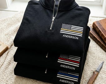Sudadera con cremallera de un cuarto bordada: Nombre personalizado, diseño de bandera de línea fina, sudadera a juego para operador del 911.