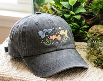 Washed Cotton Cap with Embroidered Guppies – One Size Fits Most
