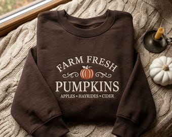Sweatshirt mit besticktem Kürbismotiv vom Bauernhof, Herbst-Rundhalsausschnitt, Baumwollmischung