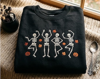 Geborduurd skeletten-sweatshirt: Halloween, dansende skeletten, herfstbladeren, pompoenen