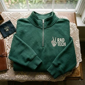 Puede incluir: Una sudadera verde oscuro con cremallera de un cuarto y cierre metálico plateado en el cuello. El frente muestra un gráfico blanco de una mano esquelética haciendo el signo de la paz junto al texto RAD TECH en fuente sans-serif en mayúsculas.