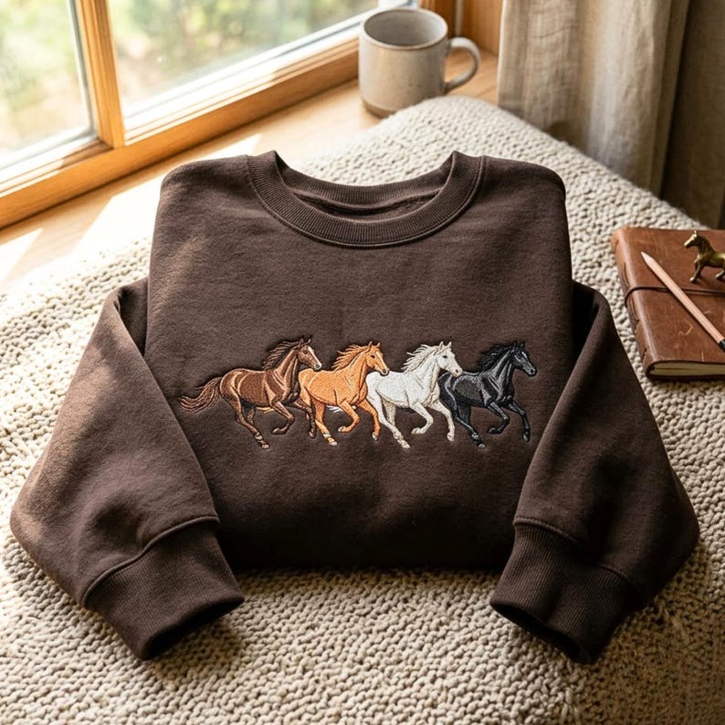 May include: A dark brown crewneck sweatshirt featuring an embroidered design of four galloping horses in a row. The horses are depicted in shades of dark brown, light tan, white, and black, showcasing detailed manes and tails on the fabric.