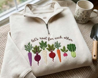 Embroidered Quarter Zip Sweatshirt: Garden Vegetables, Gardening Tee, Vegetable Shirt, Plant Lady Shirt