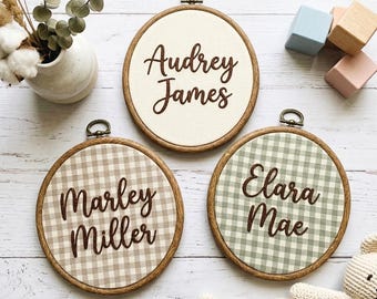 Custom Embroidered Baby Name Hoop, Cotton Fabric, Wood Frame, Nursery Decor