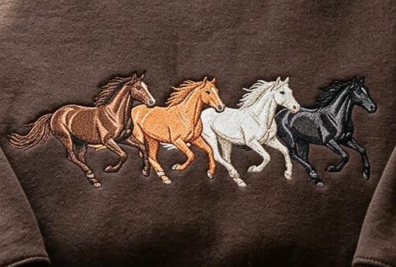 May include: A dark brown sweatshirt featuring an embroidered design of four horses running in a line. The horses are depicted in different colors, including dark brown, light tan, white, and black, with detailed stitching showing their manes.