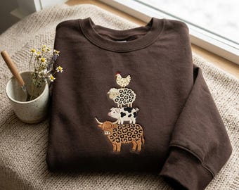 Sudadera bordada con animales de granja, camiseta para amantes de los animales, camiseta campestre, camiseta de la vida en la granja, camiseta de vaca, caballo y cerdo, camiseta de moda para mujer.