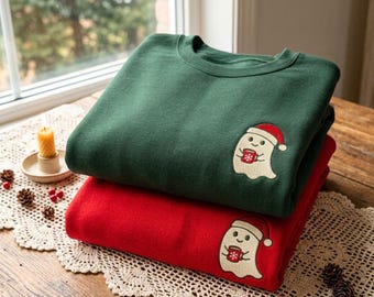 Sudadera navideña bordada con fantasma, camiseta con bolsillo y estampado de fantasma, camiseta navideña con diseño de gorro de Papá Noel.