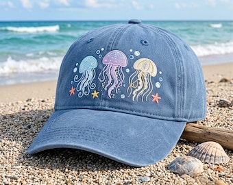 Washed Cotton Cap with Embroidered Jellyfish Design – Beach Summer Hat
