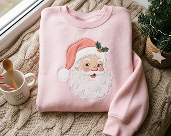Besticktes rosa Weihnachtsmann-Retro-Sweatshirt, Sweatshirts für Damen, rosa Weihnachts-Partnerlook-Sweatshirts für die ganze Familie