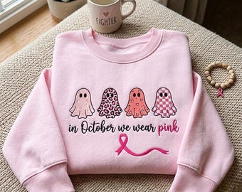 Sudadera con estampado de fantasma bordado: En octubre vestimos de rosa para concienciar sobre el cáncer de mama, camiseta para concienciar sobre el cáncer de mama.