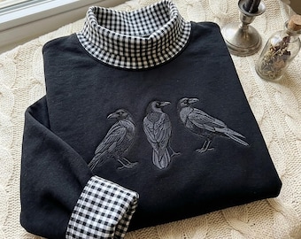 Embroidered Crow Sweatshirt, Gingham Mock Neck, 90s Gothic Style