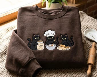 Embroidered Black Cats Baking Sweatshirt – Cozy Cotton Blend Unisex Pullover