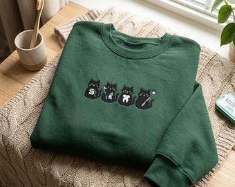 黒猫刺繍入りデンタルスウェットシャツ、歯科猫シャツ、コットン混紡で快適