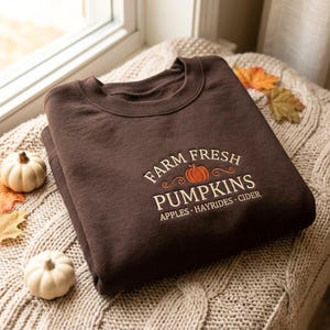 May include: A dark brown crewneck sweatshirt featuring an embroidered design with the text FARM FRESH PUMPKINS, APPLES, HAYRIDES, CIDER, and a small orange pumpkin graphic. The sweatshirt is folded and displayed on a textured cream-coloured knit fabric.