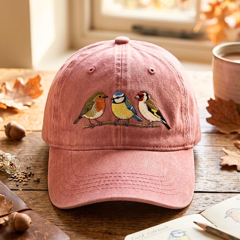 May include: A dusty rose baseball cap featuring an embroidered design of three small birds perched on a branch. The birds include a robin with an orange breast, a blue tit with yellow and blue plumage, and a goldfinch with a red face and black wings.