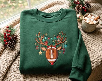 Weihnachtspullover mit Fußballhorn-Stickerei, Fußballweihnachten, süßes Fußballshirt, Geschenk für Fußballfans