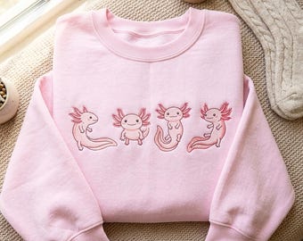 Embroidered Axolotl Crewneck Sweatshirt – Cozy Cotton Blend Top, Salamander Lover Gift