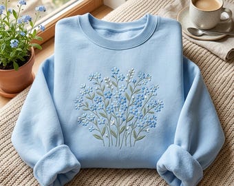 Sweatshirt mit besticktem Vergissmeinnicht-Blumenmotiv – Kuscheliger Pullover aus Baumwollmischgewebe