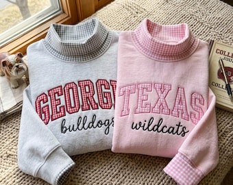 Custom Gingham Mockneck Embroidered College Football Sweatshirt, Sport Team Game Day Pullover, Unisex Apparel, Back To School Gift