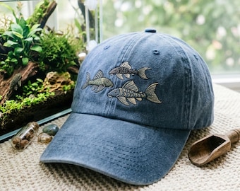 Washed Cotton Cap with Pleco Fish Embroidery – Adjustable Strap Hat, Catfish Gift Hat