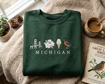 Moletom com ícones bordados de Michigan, Camiseta de Michigan, Camiseta do Meio-Oeste, Camiseta favorita de Michigan, Camiseta com mapa de Michigan, Camiseta do estado natal.
