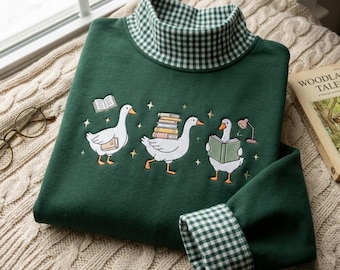 Gingham Mockneck Embroidered Silly Goose Book Lover Sweatshirt - Librarian  Shirt, Library Lover Gift, Books Nerd Tee