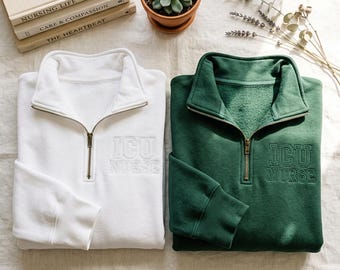 Embroidered ICU Nurse Quarter Zip Sweatshirt: Cotton Blend Comfort