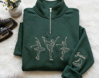 Personalized Embroidered Ice Skater Quarter Zip Sweatshirt, Coquette Era Warm Up pullover