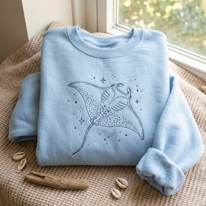 Pode incluir: Uma camisola de gola redonda azul-clara com uma ilustração de linhas azul-escuras de uma raia manta rodeada por pequenos motivos de estrelas e brilhos. A peça tem mangas compridas e uma gola canelada em tecido macio.