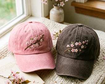 桜の刺繍入りウォッシュドコットンキャップ – フリーサイズ
