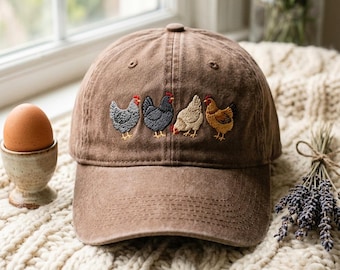 Washed Cotton Baseball Cap with Chicken Embroidery – Adjustable Strap Dad Hat