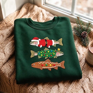Embroidered Christmas Trout Fishing Sweatshirt,  Fishing Tee, Fishing Sweatshirt, Fisherman Gift, Holiday Angler Shirt, Fishing Lover Gift