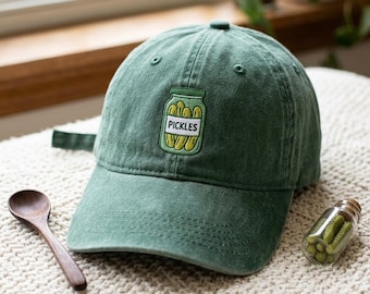 Washed Cotton Cap with Pickle Jar Embroidery – Pickle Lover Gift