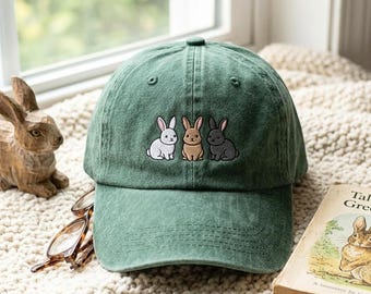 Washed Cotton Cap with Embroidered Bunnies – One Size Fits Most, Bunny Wildflower Hat