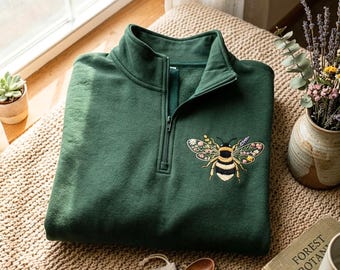 Embroidered Bee Quarter Zip Sweatshirt – Cotton Blend Cozy Pullover, Bee Wildflower Sweatshirt