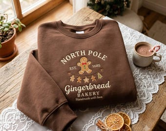 Moletom bordado da padaria de gengibre do Polo Norte, camiseta de Natal