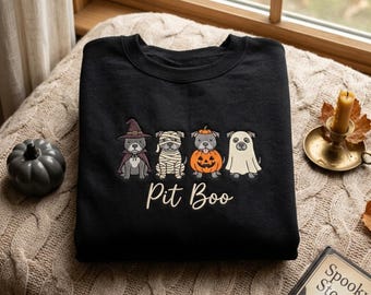 Moletom Pit Boo Halloween Pitbull Bordado, Camiseta Assustadora para Pitbull, Camiseta com Estampa de Bruxa, Vampiro, Múmia e Esqueleto, Presente para Mãe de Cachorro