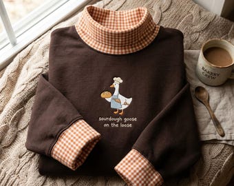Sudadera de masa madre bordada con cuello alto a cuadros para regalo divertido de repostería, sudadera de masa madre para panadero, masa madre de ganso
