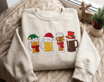 Besticktes Sweatshirt mit dem Aufdruck „Frohe Weihnachten, Bier“: Weihnachtsmann, Bier, Weihnachtslichter