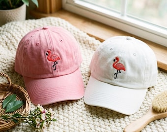 Gewaschene Baumwollmütze mit Flamingo-Stickerei - Längenverstellbarer Riemen, Einheitsgröße