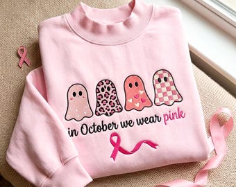 Mock Neck Embroidered In October We Wear Pink Ghost Sweatshirt, Breast Cancer Awareness Tee, Halloween Ghost Tshirt