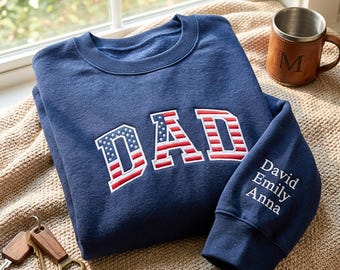 Embroidered Dad Sweatshirt: USA Flag Letters, Custom Name Sleeve Detail