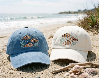 Washed Cotton Cap with Clownfish Embroidery – Beach Summer Hat