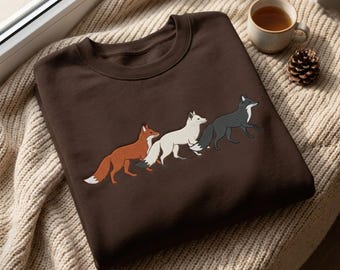 Sudadera vintage bordada con zorros corriendo, camiseta para amantes de los zorros, camiseta retro de zorros, camiseta de animales del bosque, camiseta estilo cottagecore