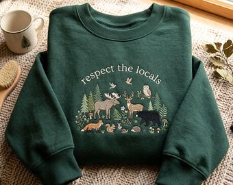 Moletom com bordado de animais da floresta – Respeite os moradores locais, vestuário para camping