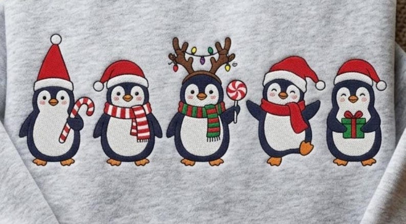 Peut inclure: Un sweat-shirt gris clair avec une broderie repr&eacute;sentant cinq pingouins. Chaque pingouin porte un bonnet de P&egrave;re No&euml;l rouge. Les pingouins tiennent divers objets de f&ecirc;te, notamment une canne en sucre, une &eacute;charpe ray&eacute;e, des bois de renne, une sucette et un cadeau.