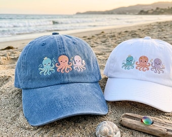 Embroidered Washed Cotton Cap with Octopuses – Adjustable Beach Hat
