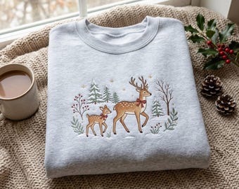 Embroidered Vintage Christmas Reindeer Sweatshirt, Woodland Deer Tee, Retro Winter Forest T-Shirt