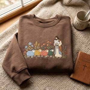 May include: A brown crewneck sweatshirt featuring an embroidered design of a figure in a robe holding a small lamb, surrounded by four colourful sheep in blue, yellow, pink, and green, all standing among various embroidered wildflowers.
