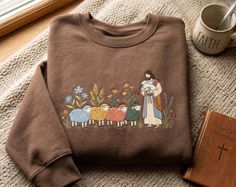 刺繍入りクリスチャングッドシェパードスウェットシャツ、イエスと羊のTシャツ、聖書の一節シャツ、宗教的な女性向けTシャツ、教会シャツ